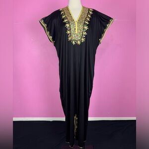 Up to VOLUP Vintage 1970s 70s Black Kaftan w/ Gold Embroidery Multicolor Sequins